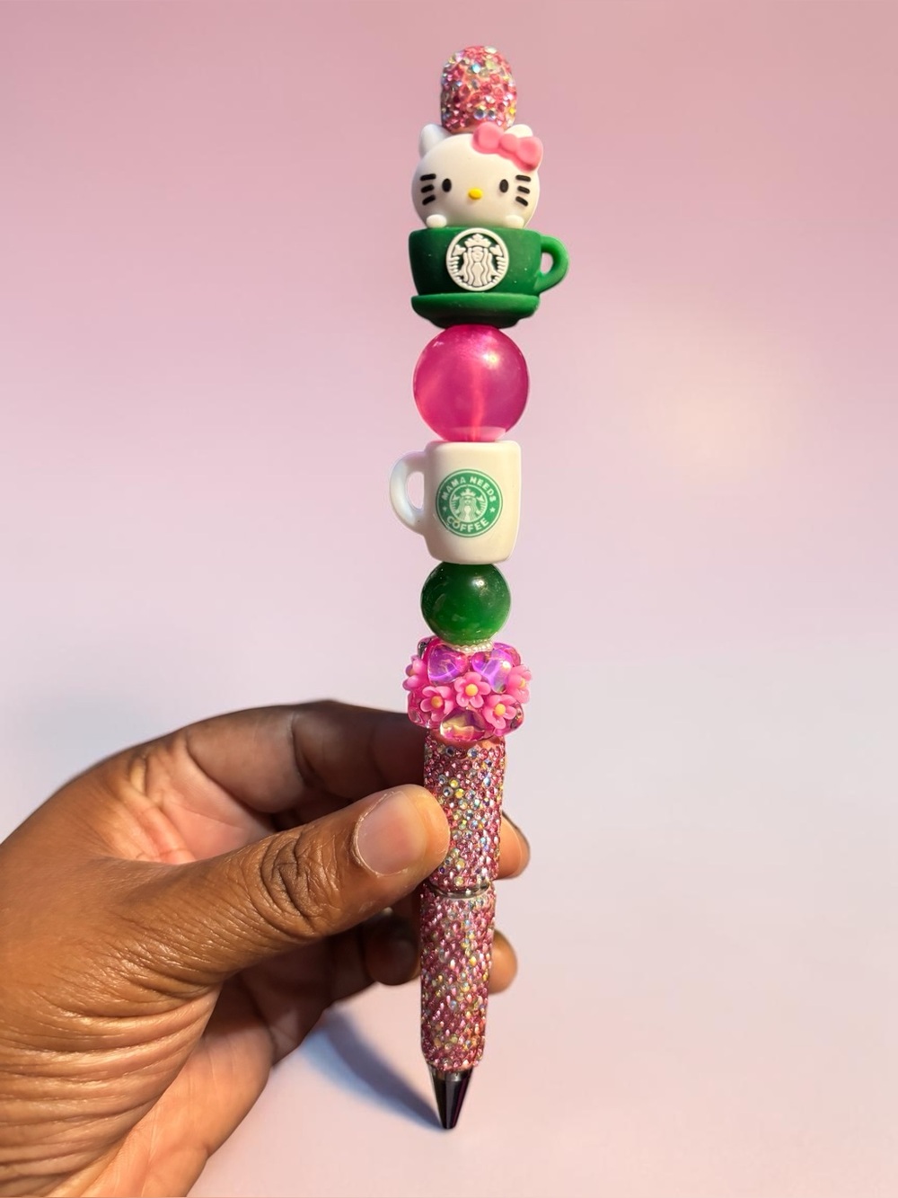 Handmade  HK  in Coffee Cup Beaded Pink Rhinestone  Pen